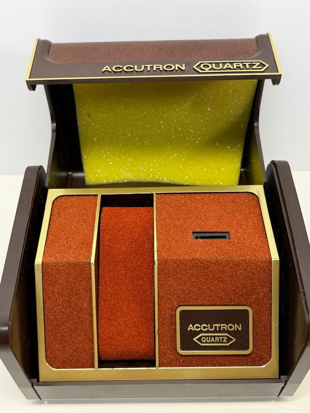 Vintage 1970s Bulova Accutron Quartz Watch Box Case Brown Velvet Gold Trim